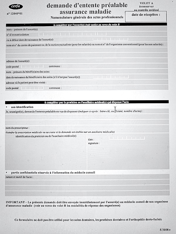 Document d'entente préalable à déposer au centre de sécurité sociale pour une prise en charge