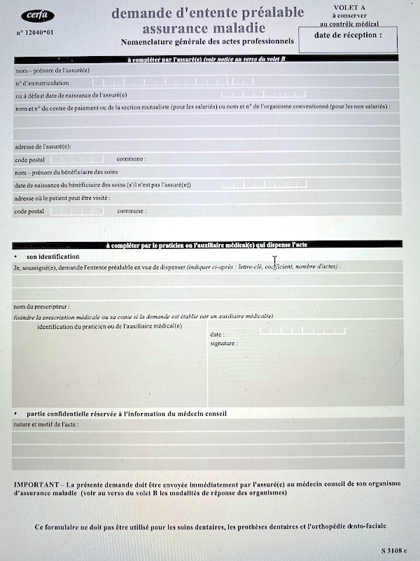 Document d'entente préalable de la sécurité sociale que le chirurgie plastique doit remplir pour motiver la prise en charge auprès du médecin conseil.