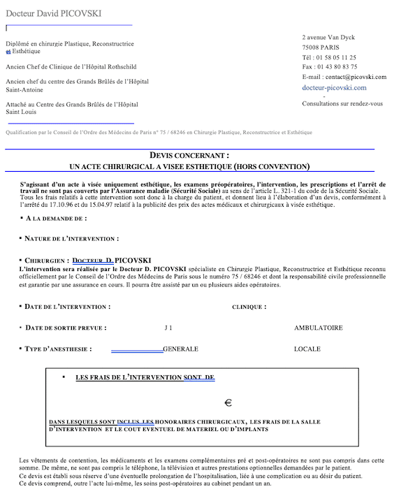 Devis remis avant un acte chirurgical à visée esthétique devant comporter le tarif exact de l'intervention.