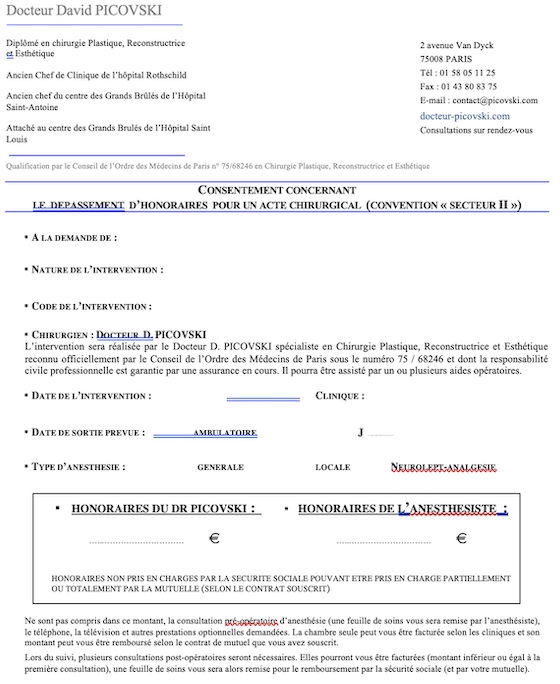 Devis d'un acte pris en charge par la Sécurité Sociale établissant le code de l'acte et le montant des dépassements d'honoraires